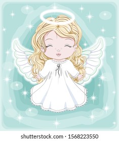 beautiful, charming little baby angel, in white dress. Picture in hand drawing cartoon cute style, for Christmas and New year. Holiday Greeting card. postcard. party invitation.