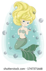 hermosa y encantadora princesa de sirena con burbujas. Imagen en estilo caricatura de dibujos a mano, para el diseño de la moda de los camisetas, tarjeta de felicitación, postal. ducha de bebé. invitación de fiesta.
