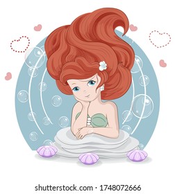 beautiful, charming little mermaid princess, Picture in hand drawing cartoon style, for t-shirt wear fashion print design, greeting card, postcard. baby shower. party invitation.