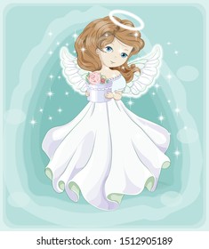 beautiful, charming little princess, Christmas angel, in white dress with gift. The picture in hand drawing style, Happy new year and Christmas card