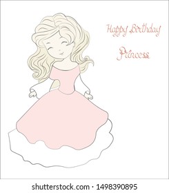 beautiful, charming little princess, with long hair and in a ball dress, Happy birthday card