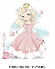 beautiful, charming little princess, with long hair and in a ball dress. The picture in hand drawing style, can be used for t-shirt print, wear fashion design, greeting card, baby shower.