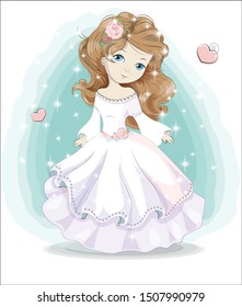 beautiful, charming little princess,  in white wedding dress and flower. The picture in hand drawing style, can be used for t-shirt print, wear fashion design, greeting card.