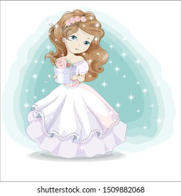 beautiful, charming little princess in white dress with gift. The picture in hand drawing style, Happy birthday card.