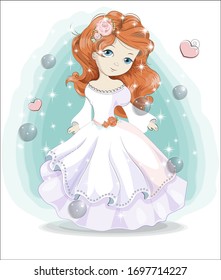 beautiful, charming little princess,  in white wedding dress and flower. The picture in hand drawing style, can be used for t-shirt print, wear fashion design, greeting card.