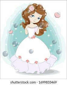 beautiful, charming little princess,  in white wedding dress and flower. The picture in hand drawing style, can be used for t-shirt print, wear fashion design, greeting card.