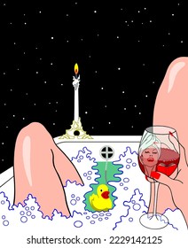 A beautiful, charming woman in the bathroom with a glass of wine. Drawing on a black background.