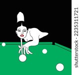 A beautiful, charming woman is playing billiards.