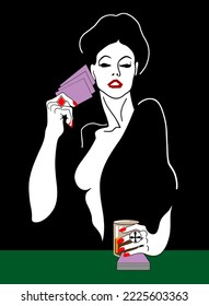 A beautiful, charming woman is playing cards at a green table. Drawing on a black background.