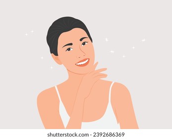 Beautiful, charming young woman with clear skin and health care. Vector illustration.