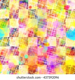 Beautiful checkerboard pattern with watercolor effect. Motley seamless abstract background is divided into cells. Stains and blots randomly mixed. Light hatches over, as a canvas. Colorful texture.