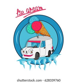 
A beautiful, cheerful, children's, bright truck with ice cream in a circle with an ice cream on it