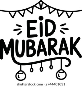 A beautiful and cheerful Eid Mubarak greeting with decorative bunting and lanterns, perfect for festive occasions and celebrations