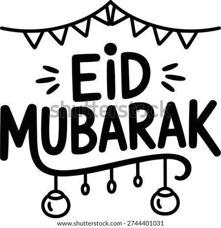 A beautiful and cheerful Eid Mubarak greeting with decorative bunting and lanterns, perfect for festive occasions and celebrations