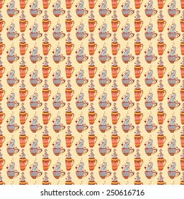 Beautiful, cheerful pattern with hand-drawn cups. Cup of hot tea and coffee. Bright and saturated pattern on a white background. Suitable for tissue, packaging, cafes, clothing, paper.