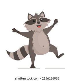 A beautiful and cheerful raccoon isolated on a white background.