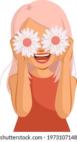 Beautiful cheerful woman with big smile holding white daisy flowers covering her eyes