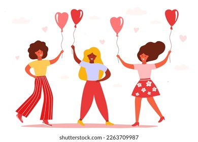 Beautiful cheerful women dance, rejoice with balloons. Happy bright females in spring against the background of hearts, clouds. Simple flat graphics.