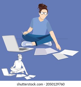 Beautiful cheerful young businesswoman working hard on laptop and papers. Online education, Lady multitasking business busy, businesswoman manager Flat vector illustration