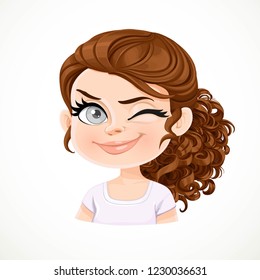 Beautiful cheerily wink cartoon brunette girl with dark chocolate hair portrait isolated on white background