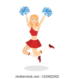 Beautiful cheerleader dancing in uniform with pompoms and smiling. Female character. American football team support. Pretty teenager.