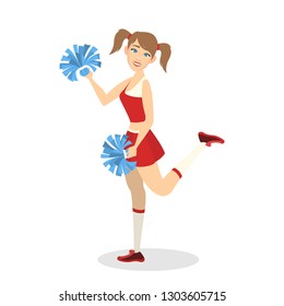 Beautiful cheerleader standing in uniform with pompoms and smiling. Female character. American football team support. Pretty teenager.