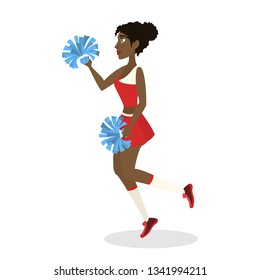 Beautiful cheerleader standing in uniform with pompoms and smiling. Female character. American football team support. Pretty teenager dancing. Isolated vector illustration in cartoon style