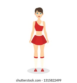 Beautiful cheerleader standing in uniform and smiling. Female character. American football team support. Pretty teenager.