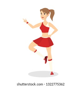 Beautiful cheerleader standing in uniform and smiling. Female character. American football team support. Pretty teenager dancing. Isolated vector illustration in cartoon style