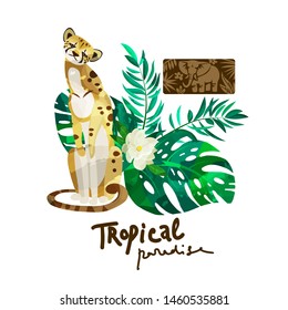 Beautiful cheetah and tropical leaves with watercolor effect