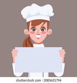 Beautiful chef holding a placard to presenting character.