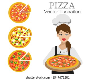 Beautiful chef woman in uniform with smiling face proudly presenting her cooking, seafood pizza, other 3 toppings pizza on left. Isolated on white background. Vector Illustration.