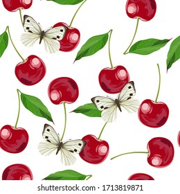 Beautiful cherries. Beautiful summer pattern with fruits and butterflies. Butterflies on cherries. Print for textile