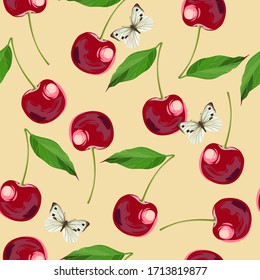 Beautiful cherries. Beautiful summer pattern with fruits and butterflies. Butterflies on cherries. Print for textile