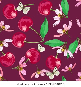 Beautiful cherries. Beautiful summer pattern with fruits and butterflies. Butterflies on cherries. Print for textile