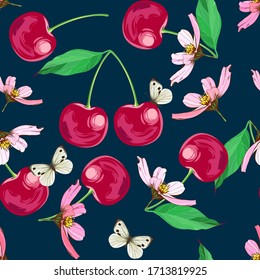 Beautiful cherries. Beautiful summer pattern with fruits and butterflies. Butterflies on cherries. Print for textile