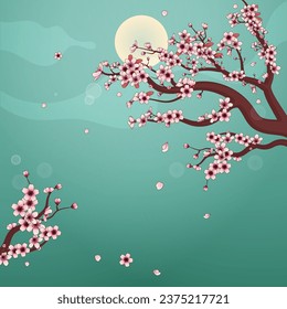 Hermoso fondo de flores de cerezo con luna llena. Ilustración vectorial.