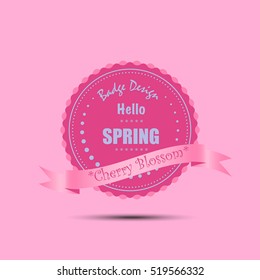 Beautiful cherry blossom badge design with ribbon on pink background, hello spring season concept, cherry blossom color palette arrangement