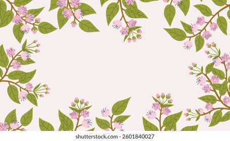 Beautiful cherry blossom branches pattern frame. Spring greeting card, postcard, invitation template, etc.