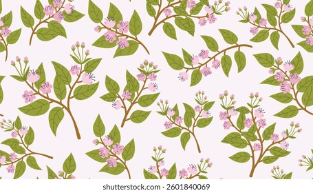 Beautiful cherry blossom branches seamless pattern. Spring background with branches and flowers. Blooming spring trees.