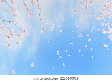 Schöne Kirschblüte oder Sakura Äste auf blauem Himmel mit Kopienraum Hintergrund in der Frühlingszeit. Grafikdesign der Illustration