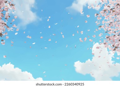 Beautiful cherry blossom or sakura tree branches on blue sky with copy space background in spring season. Illustration graphic design