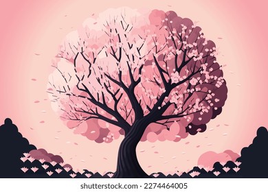 Hermoso fondo de árbol de flores de cerezo en estilo dibujado a mano, ilustración