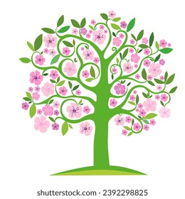 Beautiful cherry blossom tree isolated on white backdrop. Plum blossom. Spring flowering tree with blossom. Flat design style. The silhouette of cherry trees.  Vector Illustration