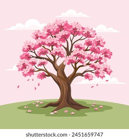 Beautiful cherry blossom tree with pink flowers. Sakura illustration. Vector