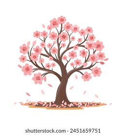 Beautiful cherry blossom tree with pink flowers. Sakura illustration. Vector