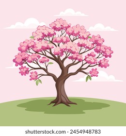 Hermoso cerezo en flor con flores rosas. Ilustración de Sakura. Vector