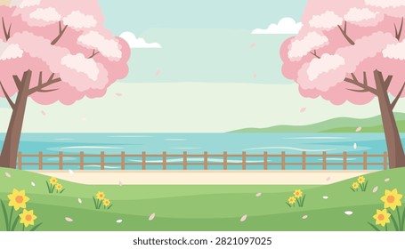 Beautiful cherry blossom trees bloom pink along a peaceful seaside path with a wooden fence and yellow spring flowers.