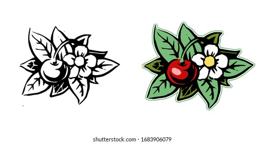 Beautiful cherry and flower. Isolated vector. Two set options: monochrome black and white sketch and full-color illustration. Herbaceous plant. View from above. White background.  Decorative element.
