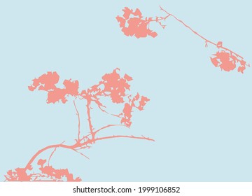 Beautiful cherry or sakura branch. Pink plant silhouette on a blue background. Vector illustration. Decorative Design elements.